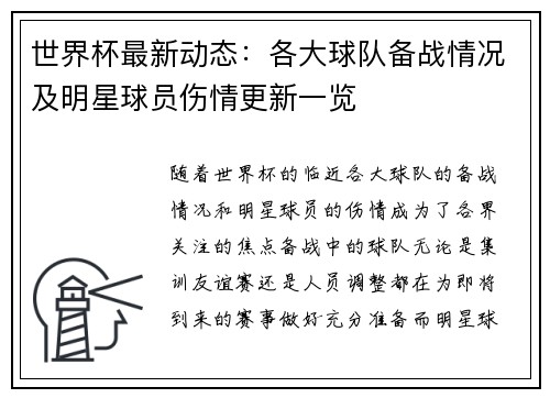 世界杯最新动态:各大球队备战情况及明星球员伤情更新一览