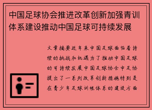 中国足球协会推进改革创新加强青训体系建设推动中国足球可持续发展