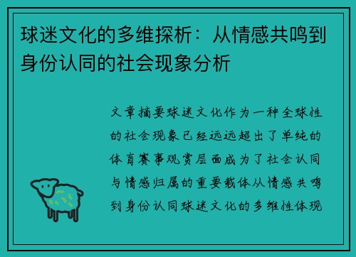球迷文化的多维探析：从情感共鸣到身份认同的社会现象分析