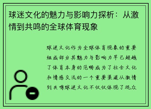 球迷文化的魅力与影响力探析：从激情到共鸣的全球体育现象