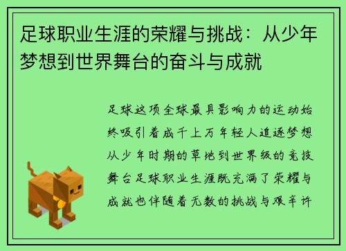 足球职业生涯的荣耀与挑战：从少年梦想到世界舞台的奋斗与成就