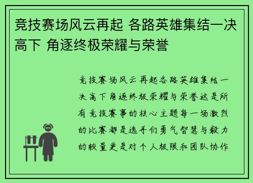 竞技赛场风云再起 各路英雄集结一决高下 角逐终极荣耀与荣誉