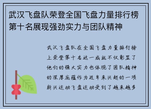 武汉飞盘队荣登全国飞盘力量排行榜第十名展现强劲实力与团队精神